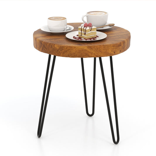 Topbuy 1PC/2PCS Solid Teak Wood Side Table Indoor Outdoor Round Side Table w/ Metal Legs Solid Wood Patio Table