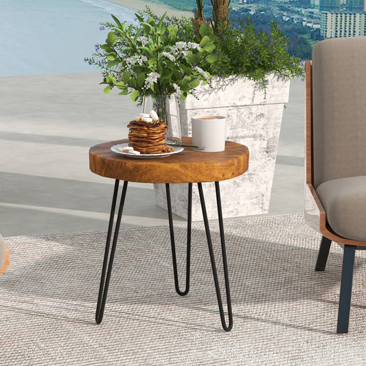 Topbuy 1PC/2PCS Solid Teak Wood Side Table Indoor Outdoor Round Side Table w/ Metal Legs Solid Wood Patio Table