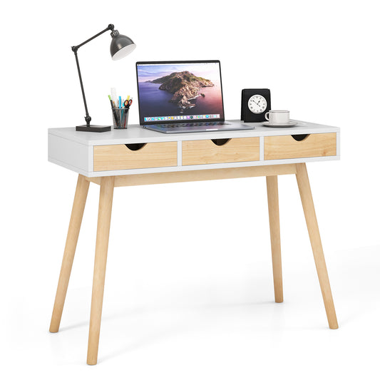 Topbuy Computer Desk with Storage 40'' Wood Modern Writing Desk with 3 Drawers Rubber Wood Legs Computer Desk Study Desk