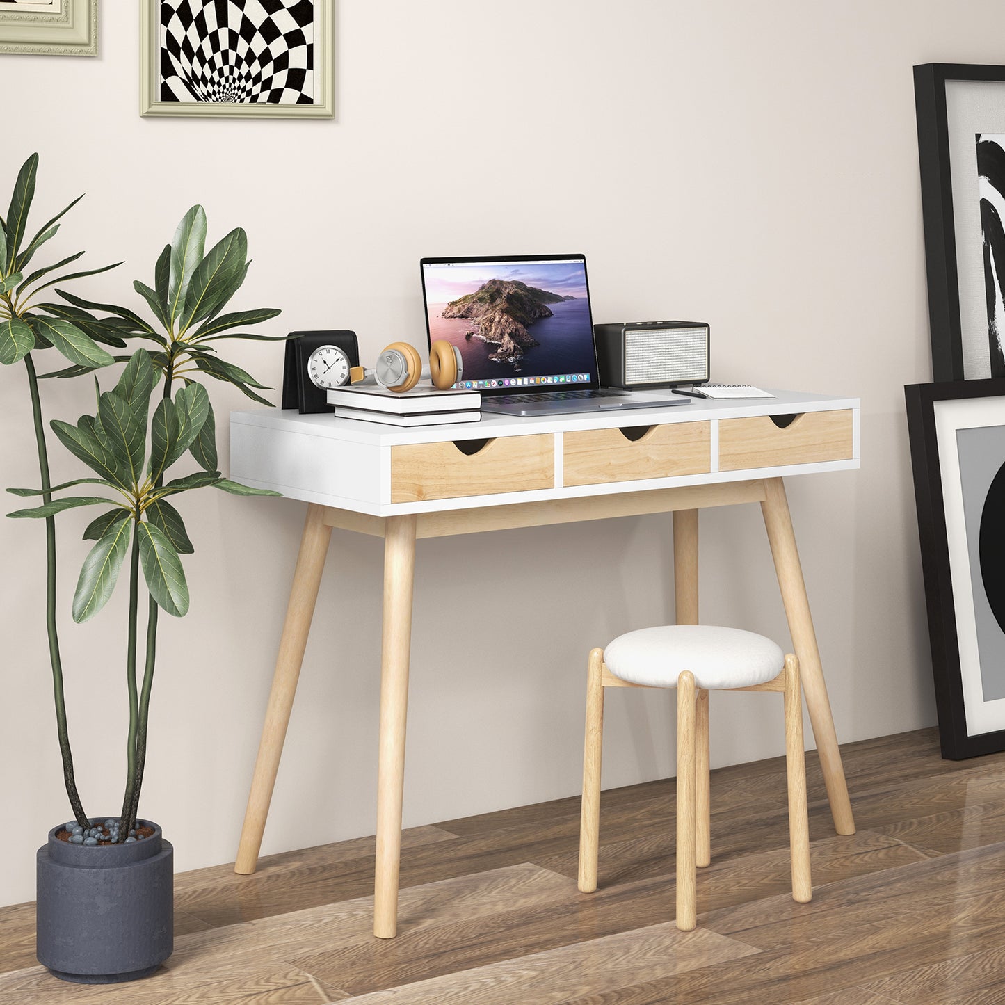 Topbuy Computer Desk with Storage 40'' Wood Modern Writing Desk with 3 Drawers Rubber Wood Legs Computer Desk Study Desk
