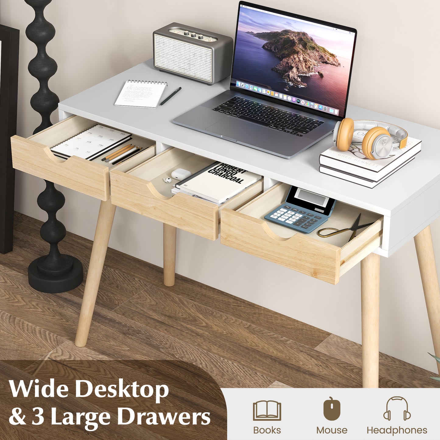 Topbuy Computer Desk with Storage 40'' Wood Modern Writing Desk with 3 Drawers Rubber Wood Legs Computer Desk Study Desk