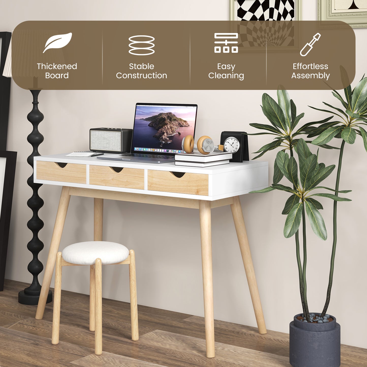 Topbuy Computer Desk with Storage 40'' Wood Modern Writing Desk with 3 Drawers Rubber Wood Legs Computer Desk Study Desk