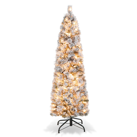 Topbuy 4.5/6/7FT Pre-lit Artificial Christmas Tree Snow-flocked Pencil Xmas Tree with 100/150/210 Warm White Lights 258/373/466 Branch Tips