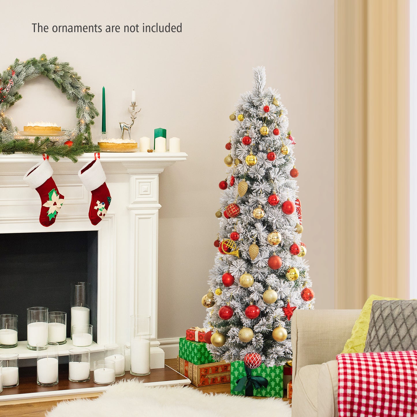 Topbuy 4.5/6/7FT Pre-lit Artificial Christmas Tree Snow-flocked Pencil Xmas Tree with 100/150/210 Warm White Lights 258/373/466 Branch Tips