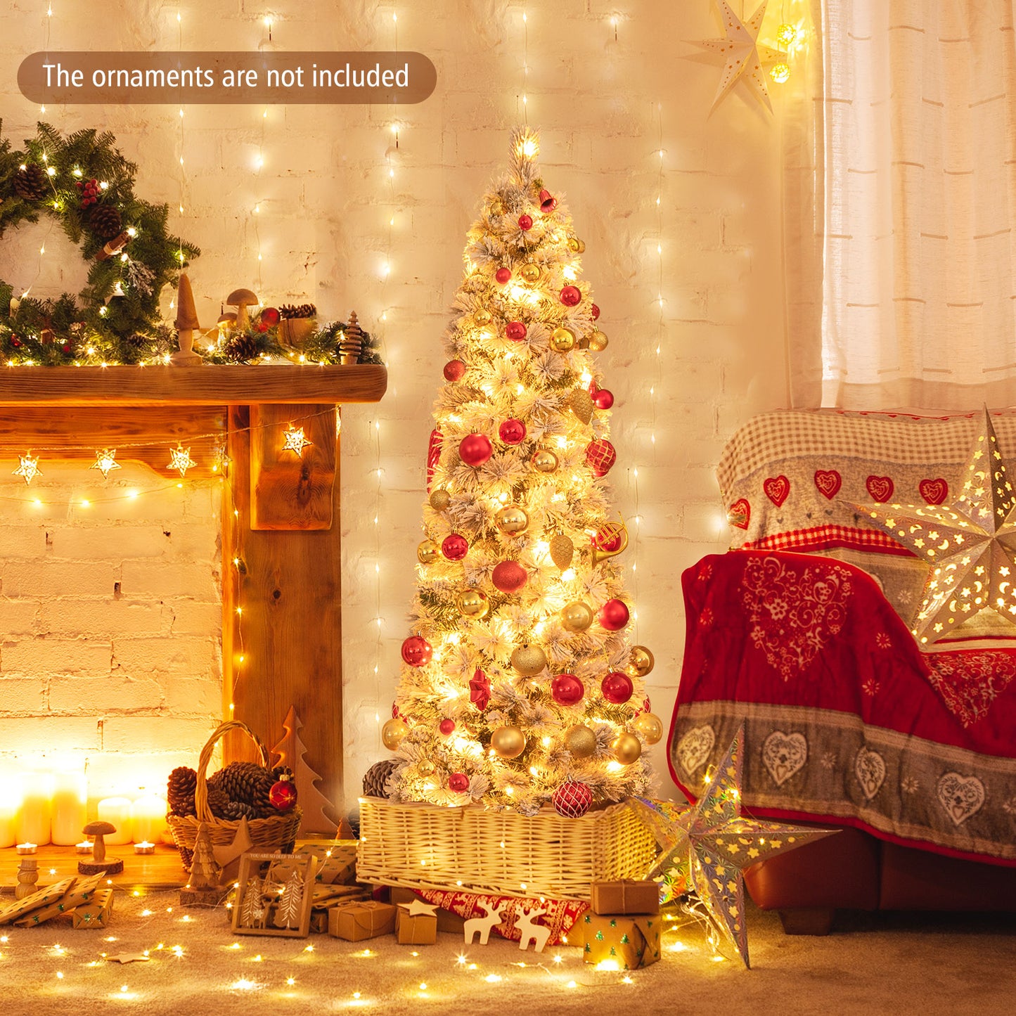 Topbuy 4.5/6/7FT Pre-lit Artificial Christmas Tree Snow-flocked Pencil Xmas Tree with 100/150/210 Warm White Lights 258/373/466 Branch Tips