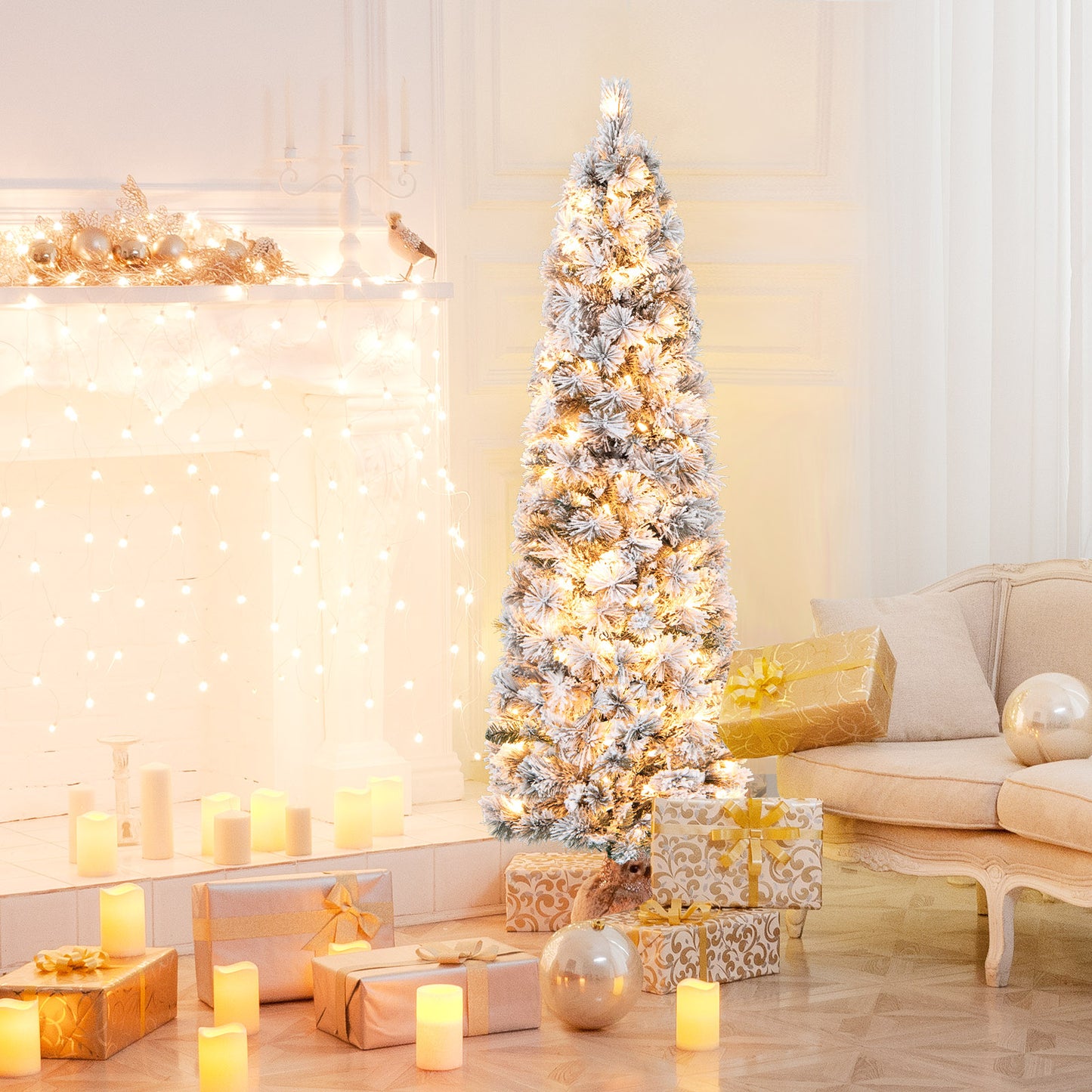 Topbuy 4.5/6/7FT Pre-lit Artificial Christmas Tree Snow-flocked Pencil Xmas Tree with 100/150/210 Warm White Lights 258/373/466 Branch Tips