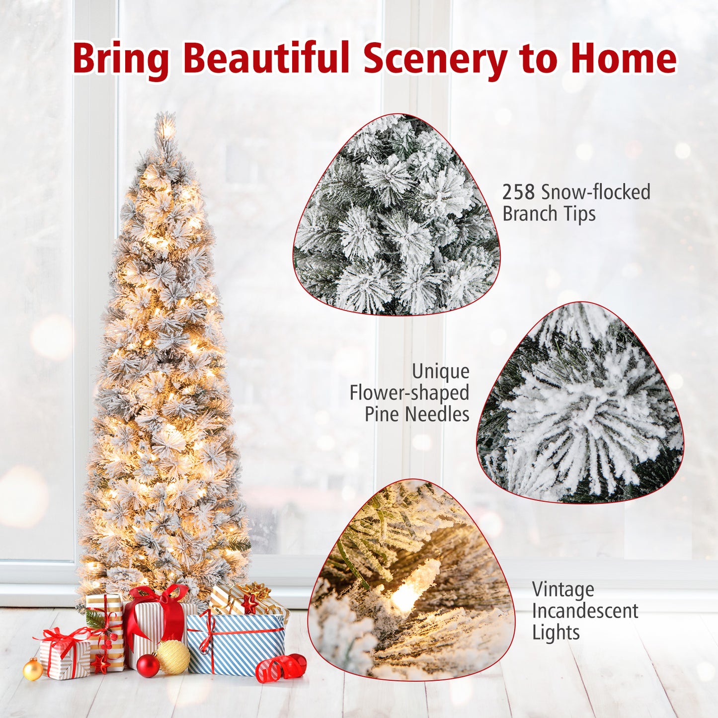 Topbuy 4.5/6/7FT Pre-lit Artificial Christmas Tree Snow-flocked Pencil Xmas Tree with 100/150/210 Warm White Lights 258/373/466 Branch Tips