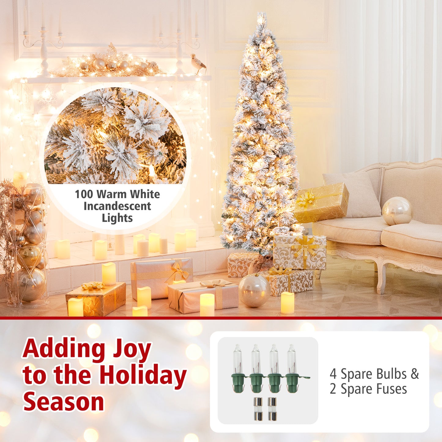 Topbuy 4.5/6/7FT Pre-lit Artificial Christmas Tree Snow-flocked Pencil Xmas Tree with 100/150/210 Warm White Lights 258/373/466 Branch Tips
