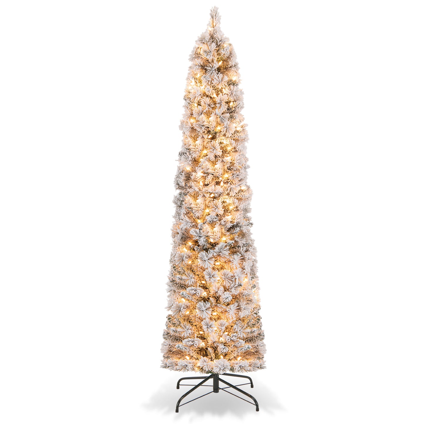 Topbuy 4.5/6/7FT Pre-lit Artificial Christmas Tree Snow-flocked Pencil Xmas Tree with 100/150/210 Warm White Lights 258/373/466 Branch Tips