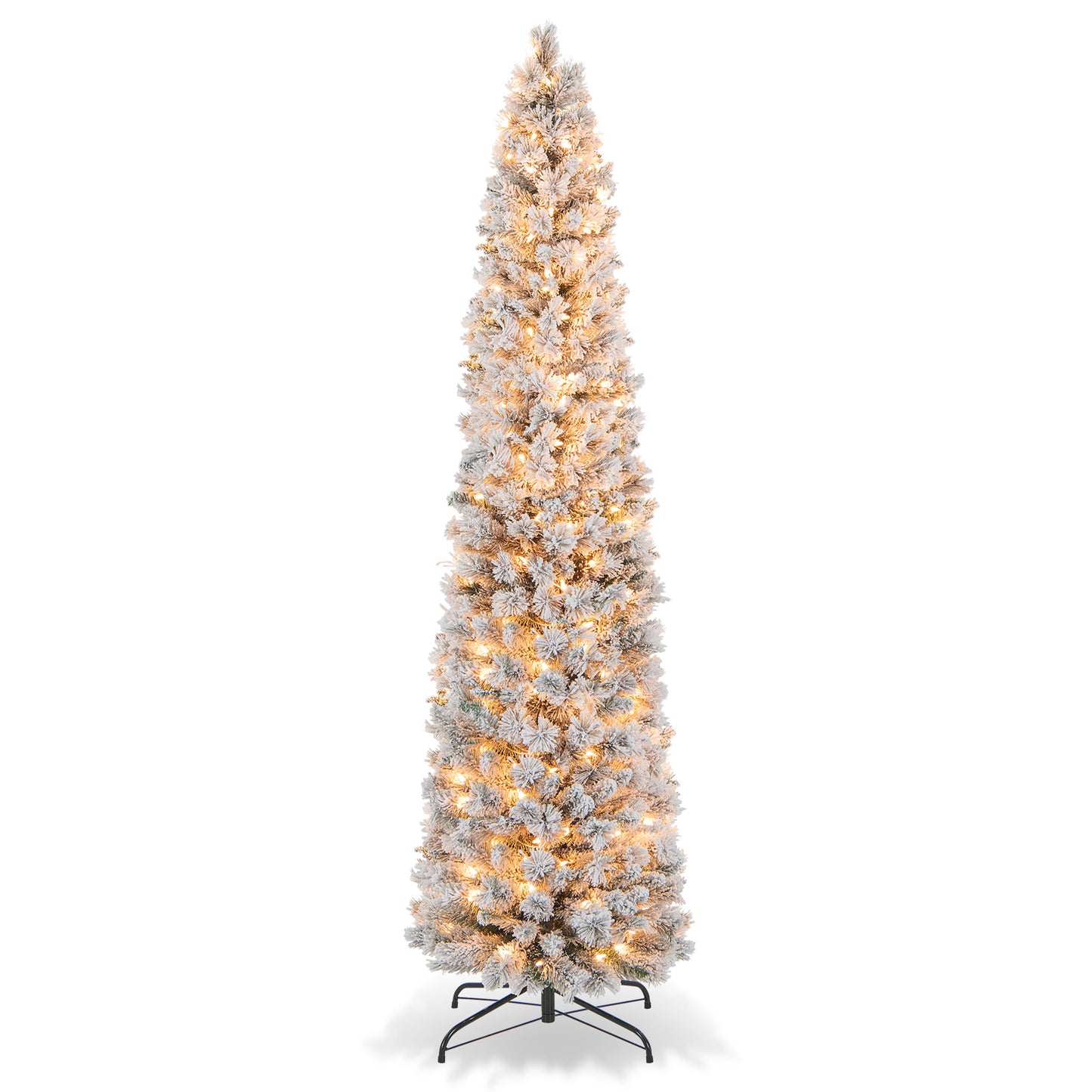 Topbuy 4.5/6/7FT Pre-lit Artificial Christmas Tree Snow-flocked Pencil Xmas Tree with 100/150/210 Warm White Lights 258/373/466 Branch Tips