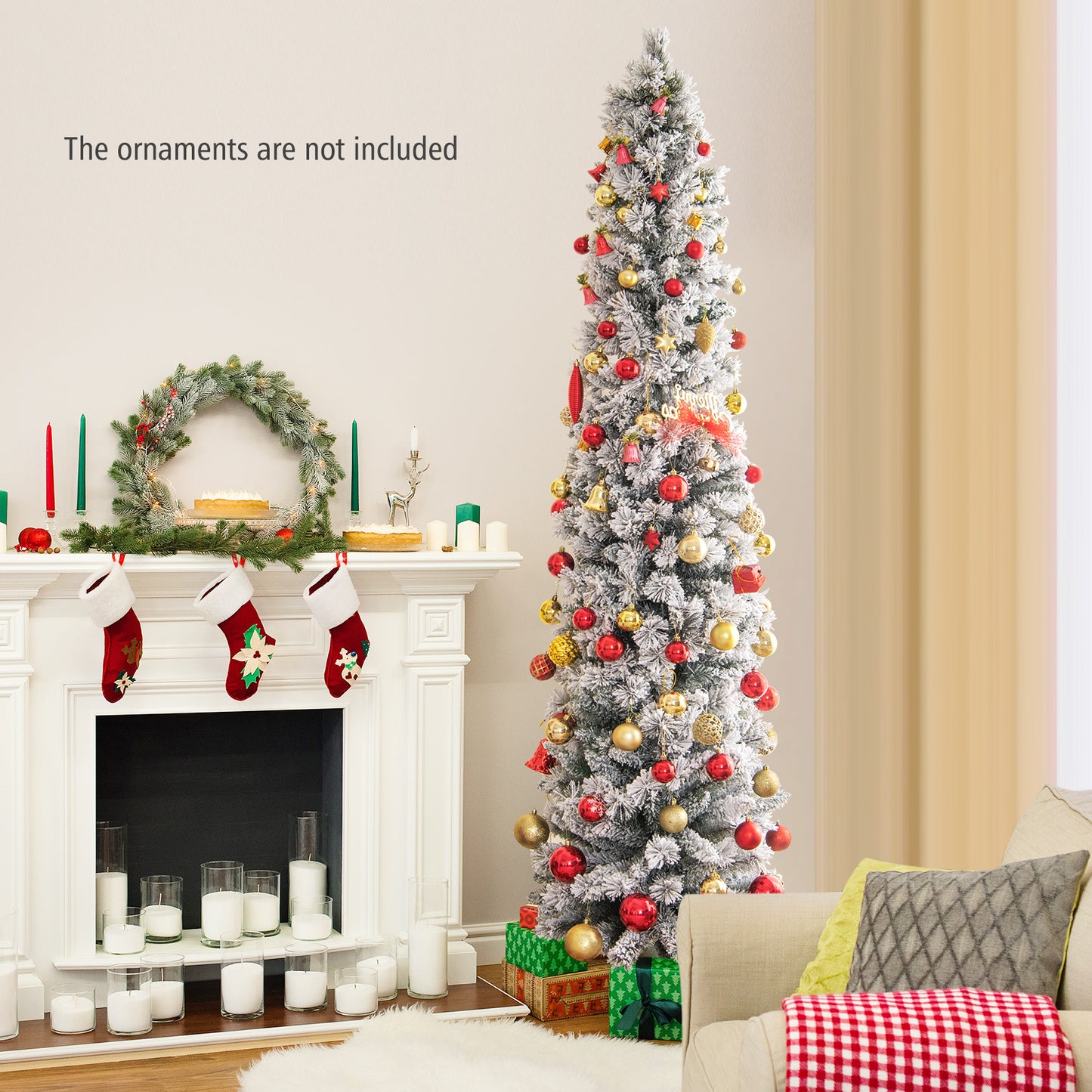 Topbuy 4.5/6/7FT Pre-lit Artificial Christmas Tree Snow-flocked Pencil Xmas Tree with 100/150/210 Warm White Lights 258/373/466 Branch Tips