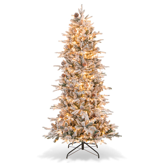 Topbuy 6/7.5 FT Pre-lit Artificial Christmas Tree Snow-flocked Hinged Xmas Tree with 210/350 Warm White Lights 715/1107 Mixed Branch Tips