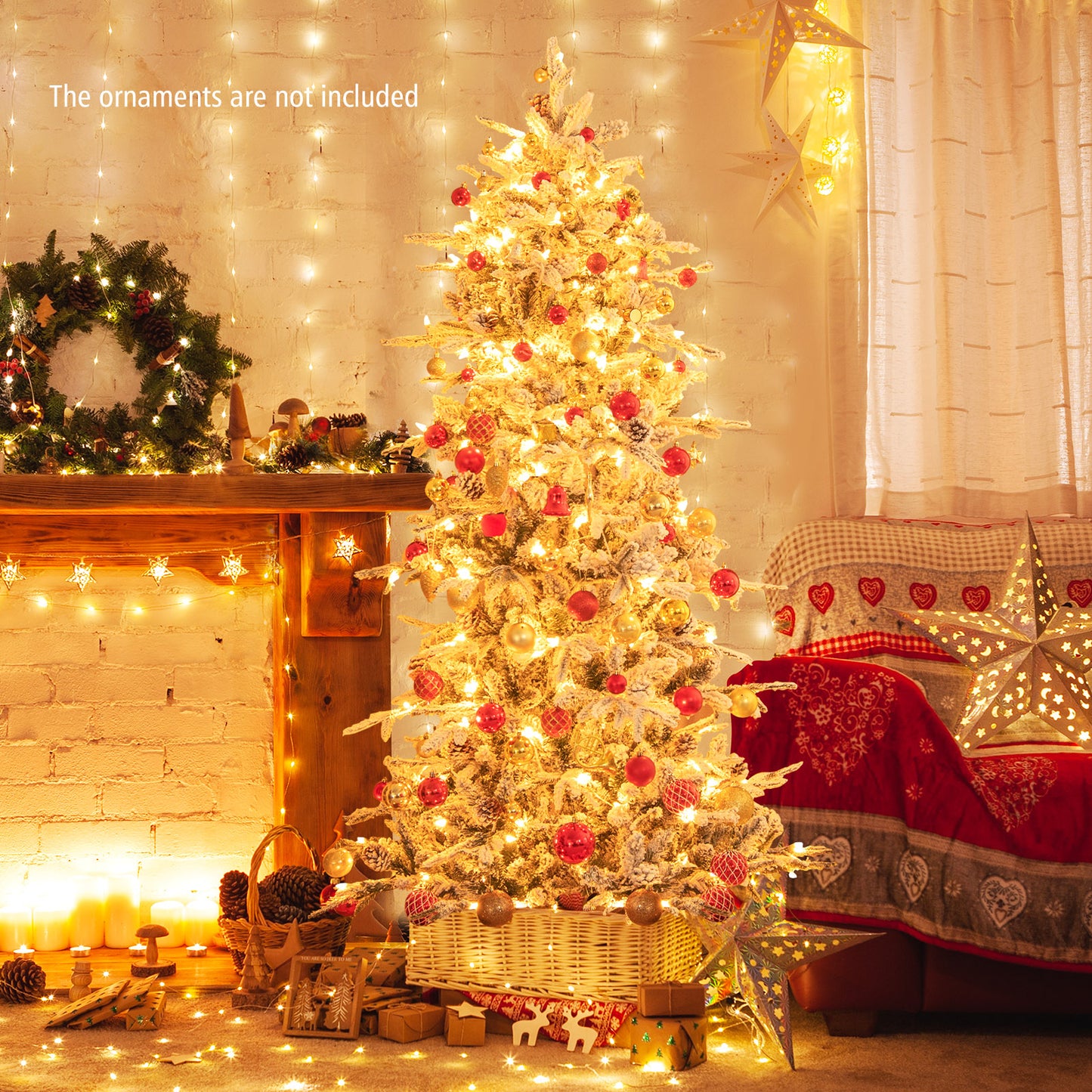 Topbuy 6/7.5 FT Pre-lit Artificial Christmas Tree Snow-flocked Hinged Xmas Tree with 210/350 Warm White Lights 715/1107 Mixed Branch Tips