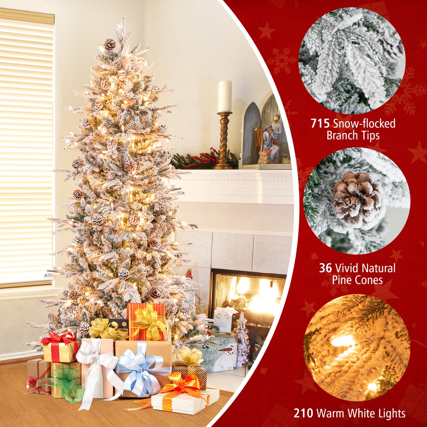 Topbuy 6/7.5 FT Pre-lit Artificial Christmas Tree Snow-flocked Hinged Xmas Tree with 210/350 Warm White Lights 715/1107 Mixed Branch Tips