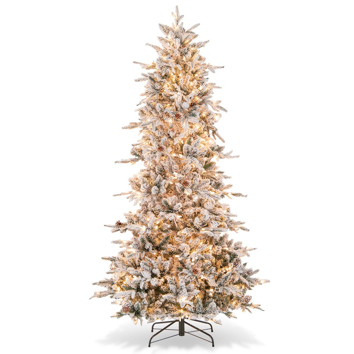 Topbuy 6/7.5 FT Pre-lit Artificial Christmas Tree Snow-flocked Hinged Xmas Tree with 210/350 Warm White Lights 715/1107 Mixed Branch Tips