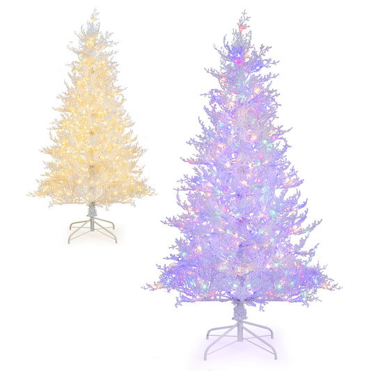 Topbuy 6FT Pre-lit Artificial Xmas Tree Hinged Christmas Tree with 383 Snow Flocked Branch Tips 300 Warm White & Multi-colored LED Lights