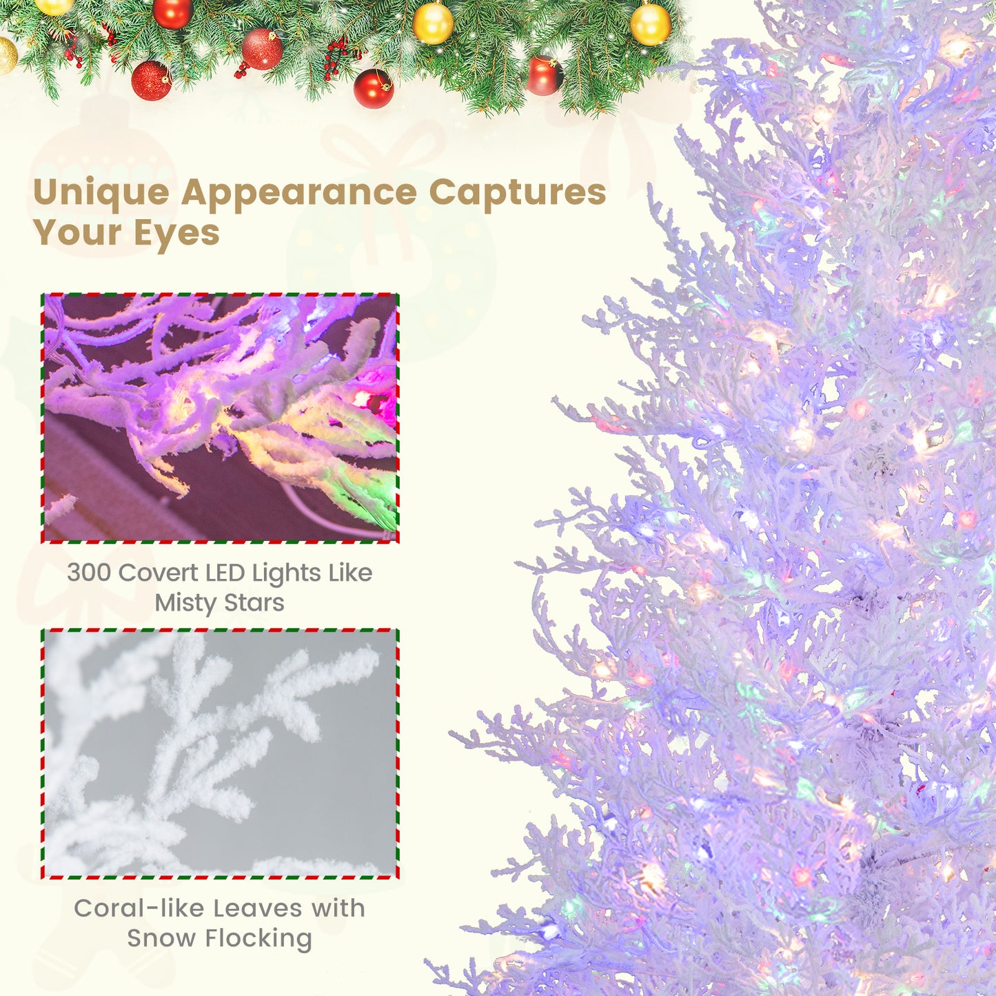 Topbuy 6FT Pre-lit Artificial Xmas Tree Hinged Christmas Tree with 383 Snow Flocked Branch Tips 300 Warm White & Multi-colored LED Lights