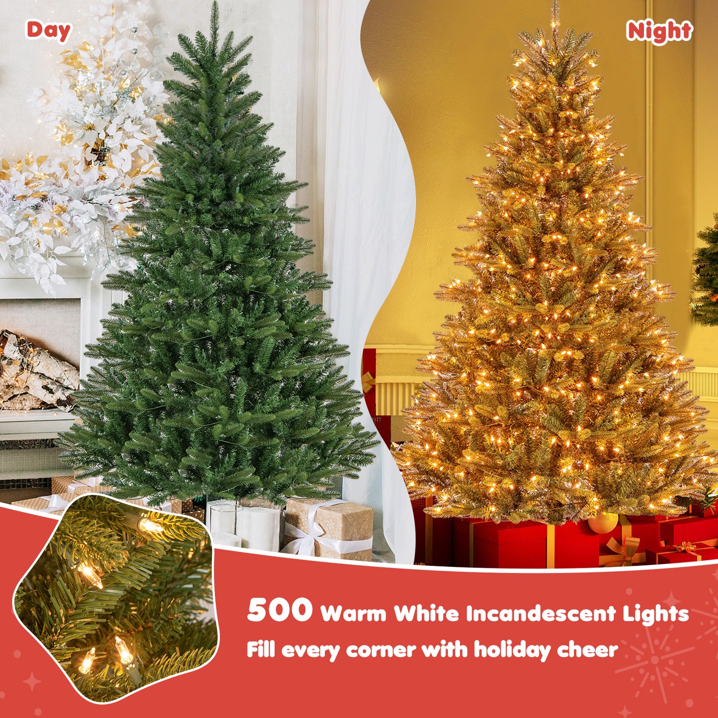 Topbuy 6FT Pre-lit Artificial Christmas Tree Hinged Xmas Tree with 500 Warm White Lights 912 Mixed Branch Tips