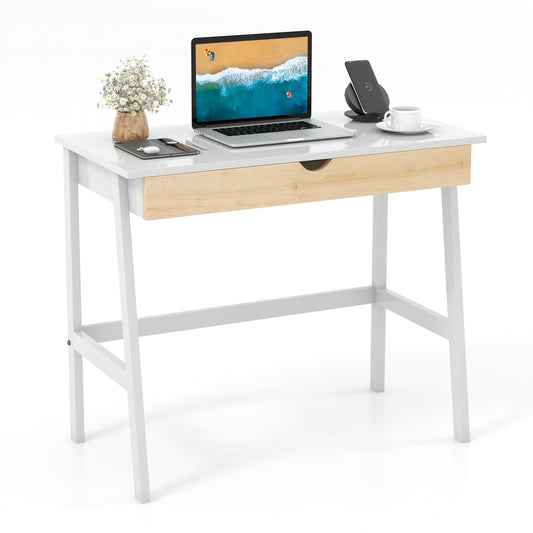 Topbuy White Computer Desk with Storage Wood Modern Writing Desk Large Drawer & Rubber Wood Legs Study Desk for Small Space