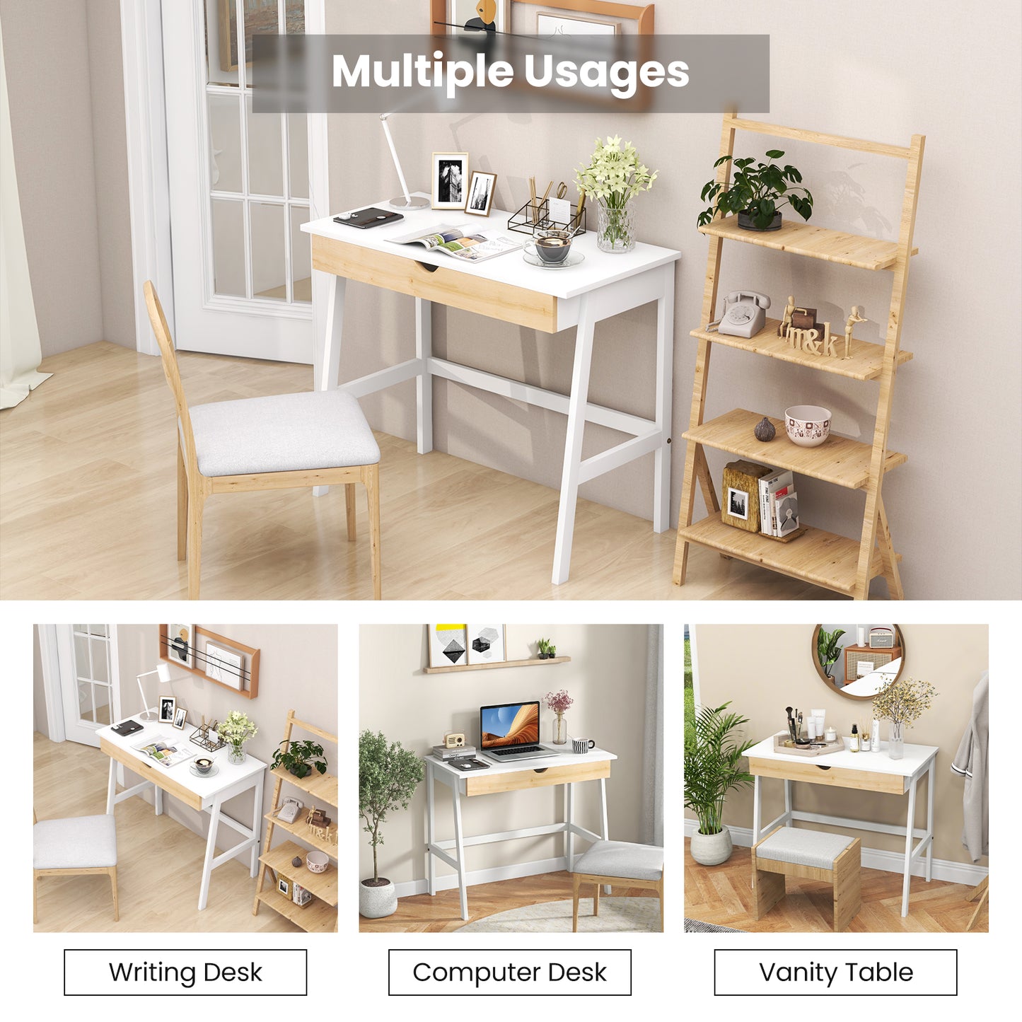 Topbuy White Computer Desk with Storage Wood Modern Writing Desk Large Drawer & Rubber Wood Legs Study Desk for Small Space