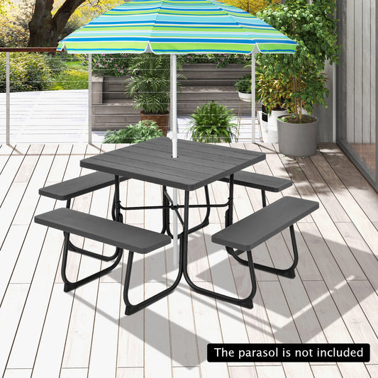 Topbuy 8-person Round Picnic Table Bench Set Outdoor Circular Picnic Table with 4 Benches & Umbrella Hole 500 LBS Capacity Black/Grey/White/Green