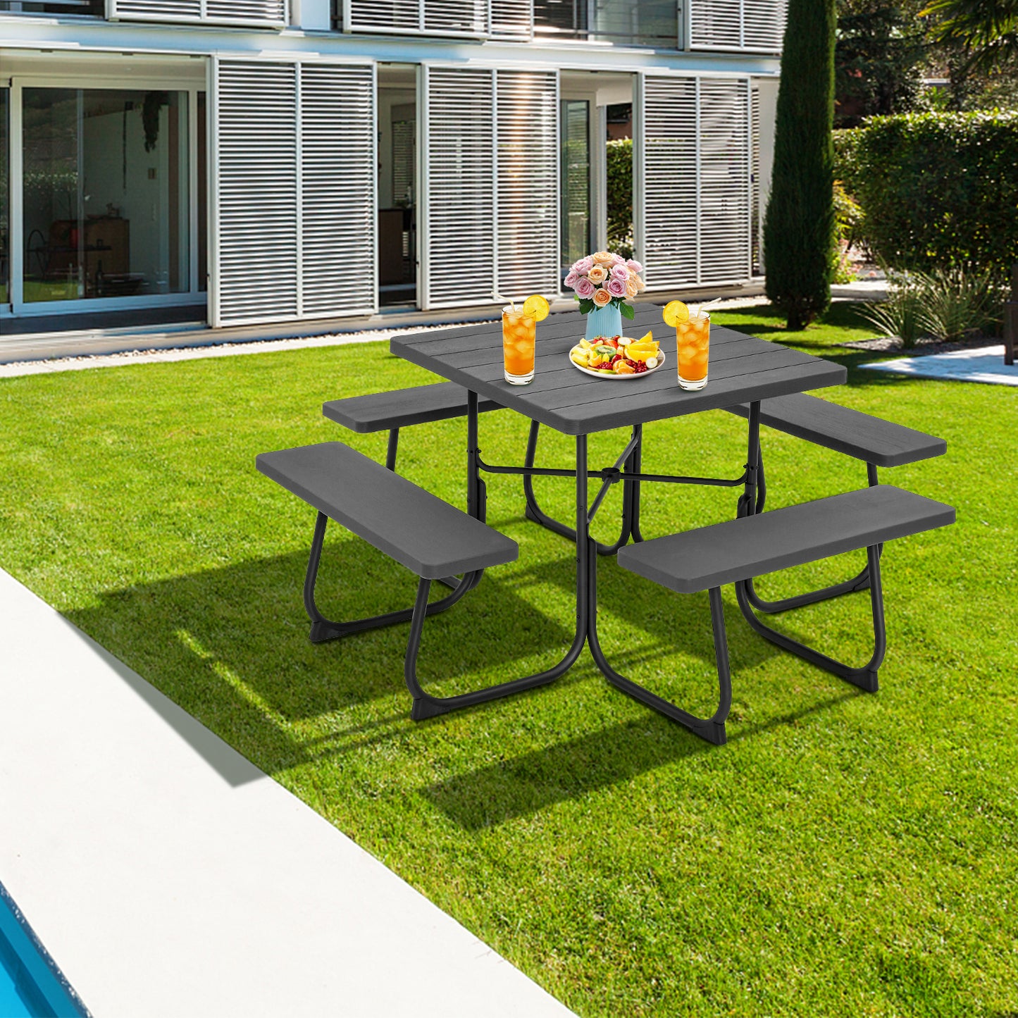 Topbuy 8-person Round Picnic Table Bench Set Outdoor Circular Picnic Table with 4 Benches & Umbrella Hole 500 LBS Capacity Black/Grey/White/Green