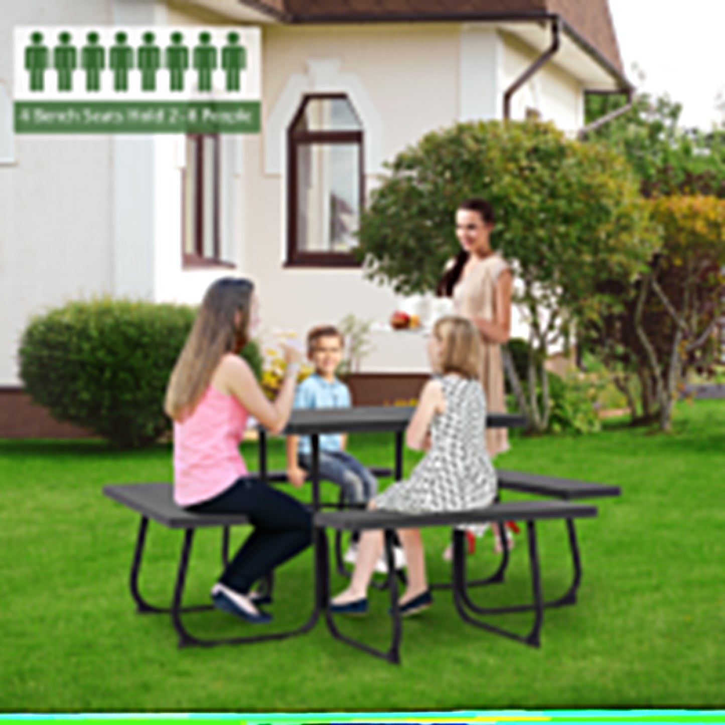 Topbuy 8-person Round Picnic Table Bench Set Outdoor Circular Picnic Table with 4 Benches & Umbrella Hole 500 LBS Capacity Black/Grey/White/Green