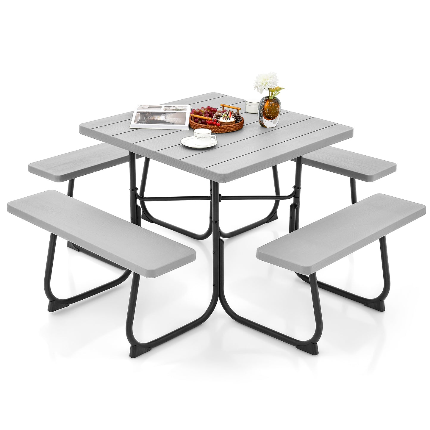 Topbuy 8-person Round Picnic Table Bench Set Outdoor Circular Picnic Table with 4 Benches & Umbrella Hole 500 LBS Capacity Black/Grey/White/Green