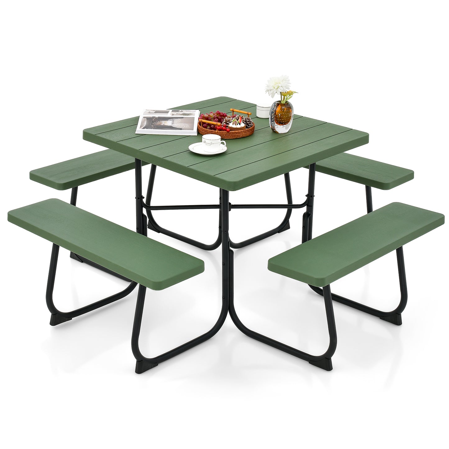 Topbuy 8-person Round Picnic Table Bench Set Outdoor Circular Picnic Table with 4 Benches & Umbrella Hole 500 LBS Capacity Black/Grey/White/Green