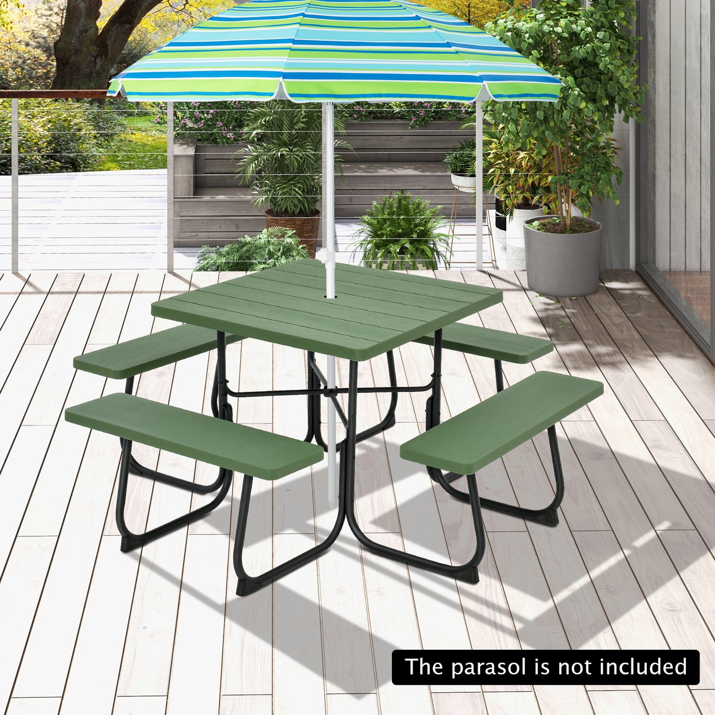 Topbuy 8-person Round Picnic Table Bench Set Outdoor Circular Picnic Table with 4 Benches & Umbrella Hole 500 LBS Capacity Black/Grey/White/Green