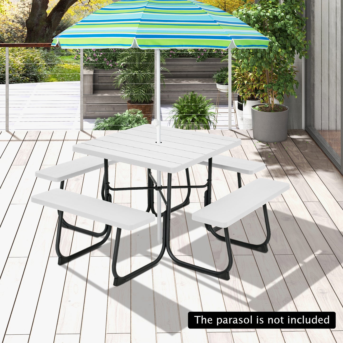 Topbuy 8-person Round Picnic Table Bench Set Outdoor Circular Picnic Table with 4 Benches & Umbrella Hole 500 LBS Capacity Black/Grey/White/Green