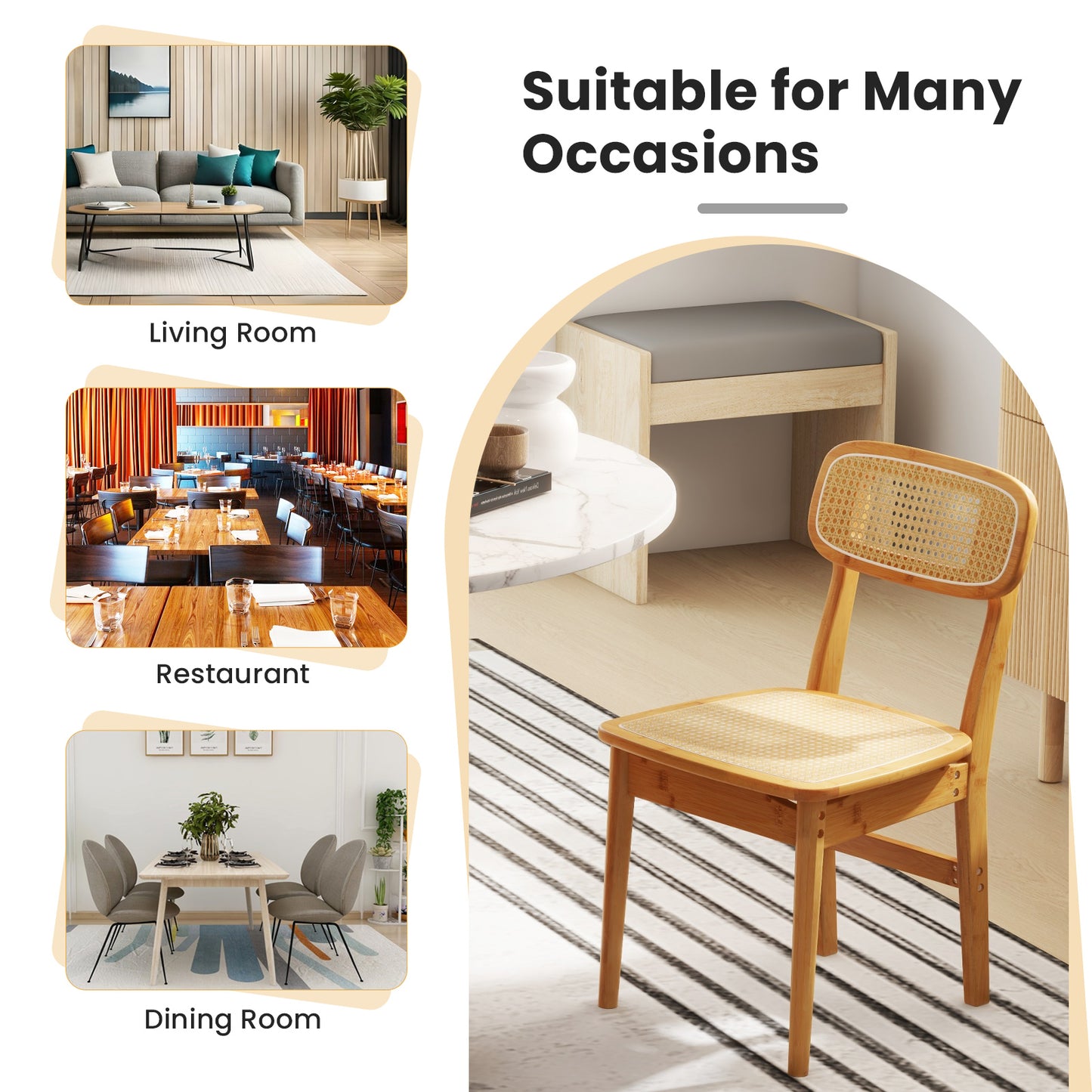 Topbuy Rattan Dining Chairs Set of 2 Kitchen Dining Chairs with Simulated Rattan Backrest & Wood Frame