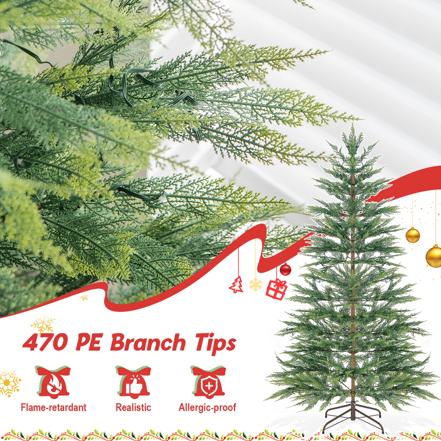 Topbuy 6.5/7.5 FT Artificial Cypress Christmas Tree Pre-lit Hinged Xmas Tree with 430/540 Warm White LED Lights 470/612 Highly Simulated Branch Tips
