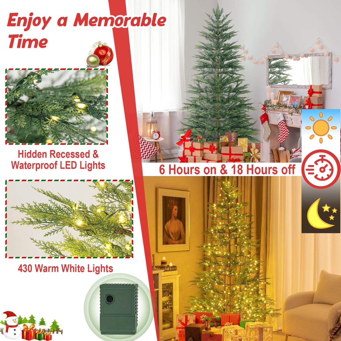 Topbuy 6.5/7.5 FT Artificial Cypress Christmas Tree Pre-lit Hinged Xmas Tree with 430/540 Warm White LED Lights 470/612 Highly Simulated Branch Tips