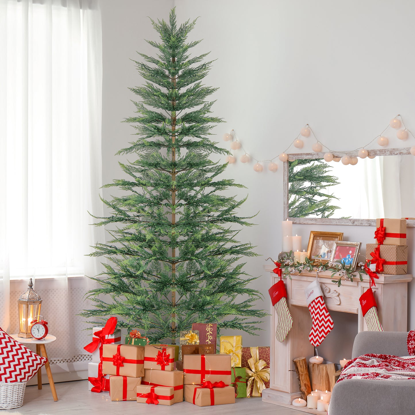 Topbuy 6.5/7.5 FT Artificial Cypress Christmas Tree Pre-lit Hinged Xmas Tree with 430/540 Warm White LED Lights 470/612 Highly Simulated Branch Tips