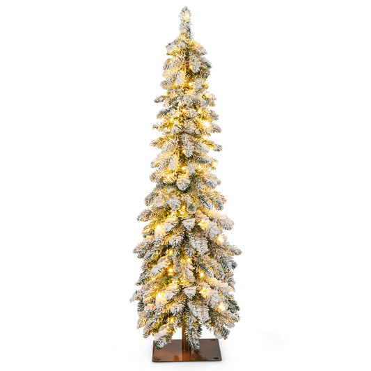 Topbuy 4/5/6FT Pre-lit Artificial Christmas Tree Snow-flocked Xmas Pencil Tree with 225/334/407 Branch Tips 100/150/250 LED Lights 2 Lighting Colors