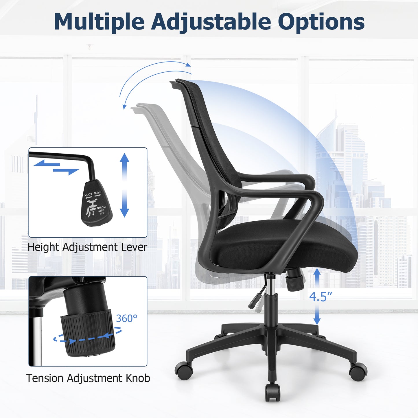 Topbuy Ergonomic Office Chair Height-adjustable Home Office Chair Breathable Mesh Computer w/ Wheels Swivel Task Desk Chair