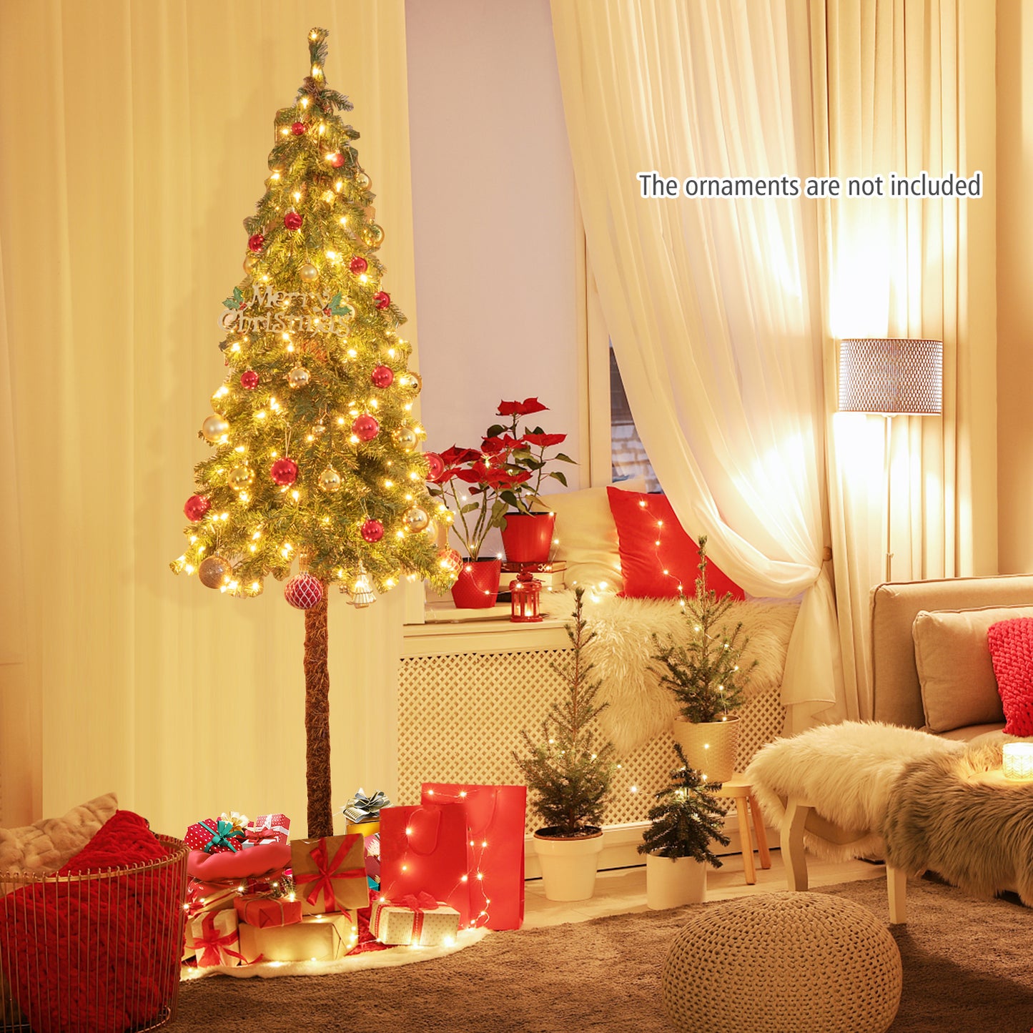 Topbuy 6FT Pre-lit Artificial Christmas Tree Pencil Xmas Tree with 442 Branch Tips 175 Warm-White Lights Metal Stand