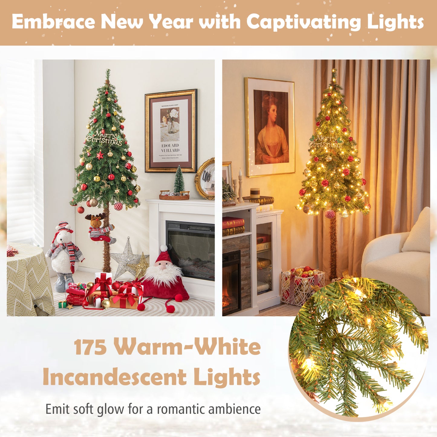 Topbuy 6FT Pre-lit Artificial Christmas Tree Pencil Xmas Tree with 442 Branch Tips 175 Warm-White Lights Metal Stand