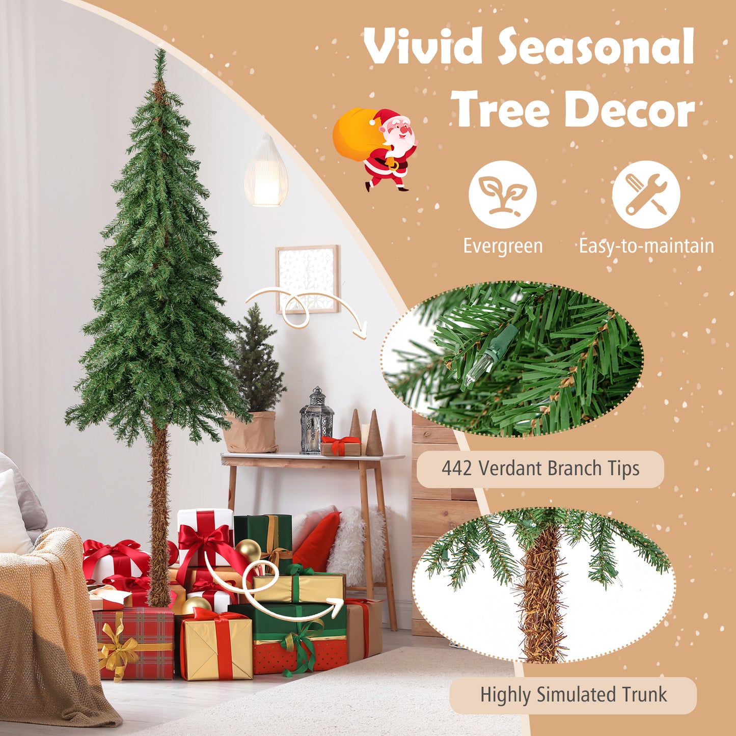 Topbuy 6FT Pre-lit Artificial Christmas Tree Pencil Xmas Tree with 442 Branch Tips 175 Warm-White Lights Metal Stand