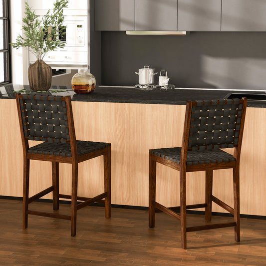 Topbuy Faux Leather Woven Bar Stools Set of 2/4 24 Inch Counter Height Bar Chairs with High Backrest Footrest