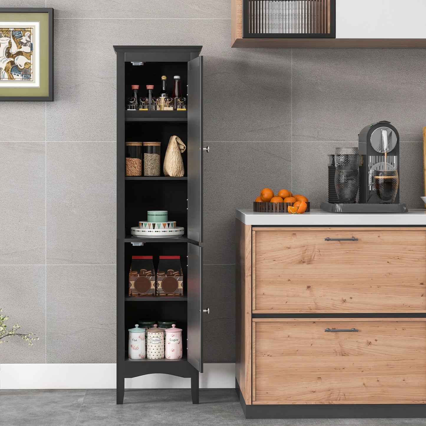 Topbuy Freestanding Bathroom Storage Cabinet Tall Narrow Storage Cabinet with 1 Adjustable Shelf 1 Drawer and 2 Doors Gray/Coffee/Black/White