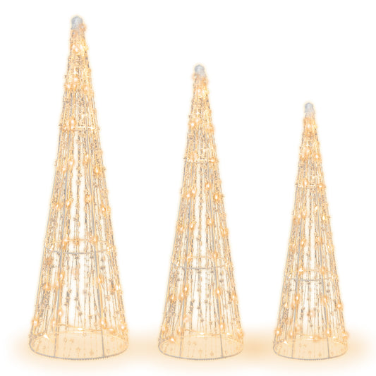 Topbuy Set of 3 Pre-lit Christmas Cone Trees Xmas Decorative Conic Tree Set with Star Strings for Lawn Yard Garden Party