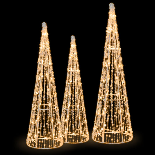Topbuy Set of 3 Pre-lit Christmas Cone Trees Xmas Decorative Conic Tree Set with Star Strings for Lawn Yard Garden Party