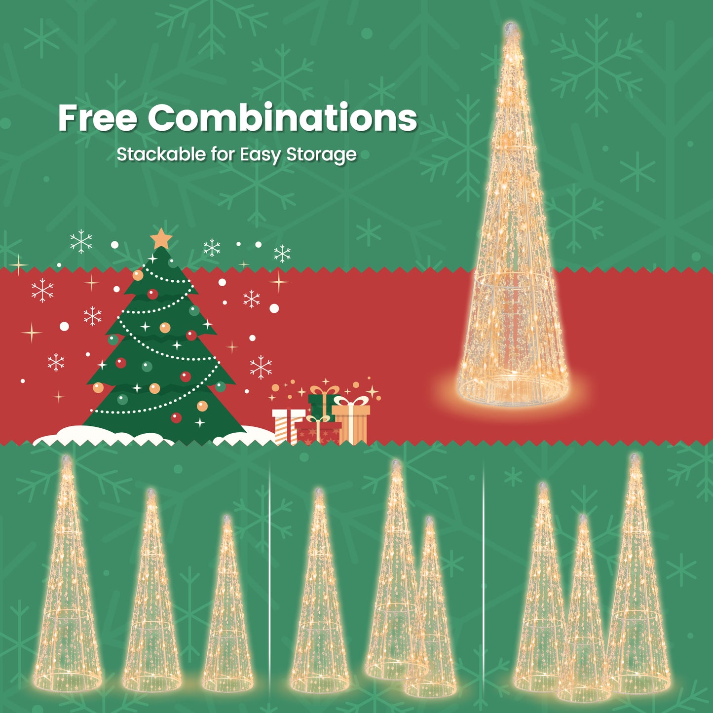 Topbuy Set of 3 Pre-lit Christmas Cone Trees Xmas Decorative Conic Tree Set with Star Strings for Lawn Yard Garden Party