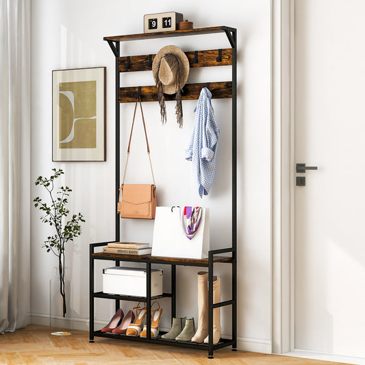 Topbuy 3-in-1 entryway coat rack vintage industrial hall tree storage shelf with storage bench and coat rack entryway bench