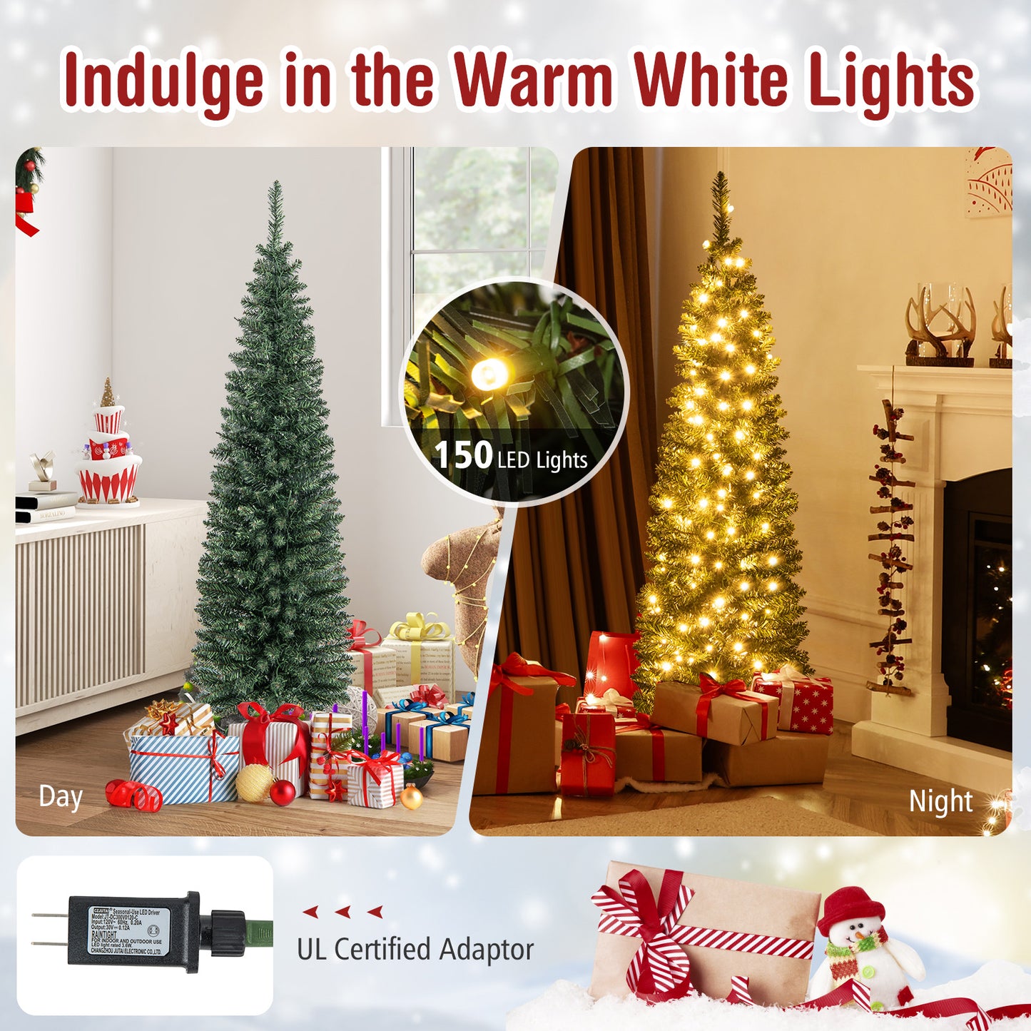 Topbuy 5/6/7/8/9FT Artificial Christmas Tree Pre-lit Pencil Xmas Tree with 296/390/499/591/699 Branch Tips 150/180/200/300/400 Warm White LED Lights