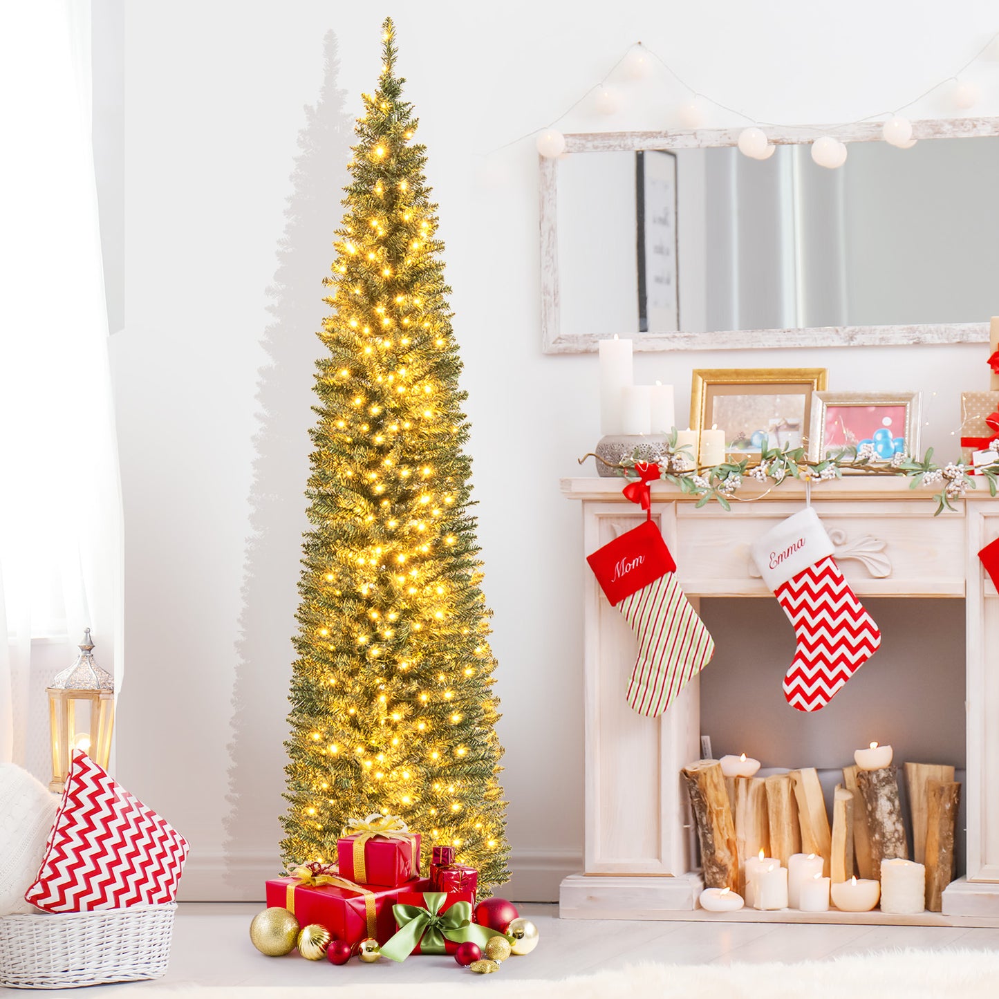 Topbuy 5/6/7/8/9FT Artificial Christmas Tree Pre-lit Pencil Xmas Tree with 296/390/499/591/699 Branch Tips 150/180/200/300/400 Warm White LED Lights