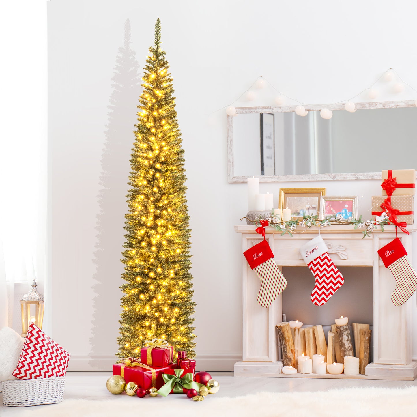 Topbuy 5/6/7/8/9FT Artificial Christmas Tree Pre-lit Pencil Xmas Tree with 296/390/499/591/699 Branch Tips 150/180/200/300/400 Warm White LED Lights