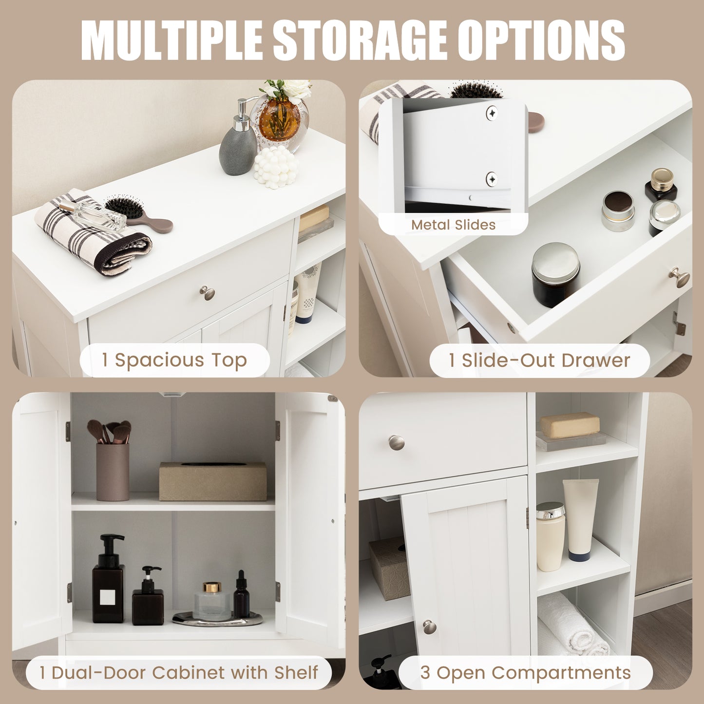 Topbuy Bathroom Storage Cabinet Floor Cabinet w/ 1 Slide-Out Drawer 2 Doors & 3 Open Shelves 1 Adjustable Shelf